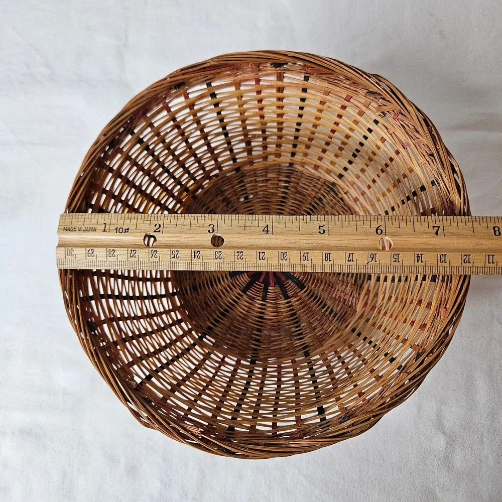 Vtg Woven Wicker Basket Round Bowl Boho County Red Black Striped 7.5